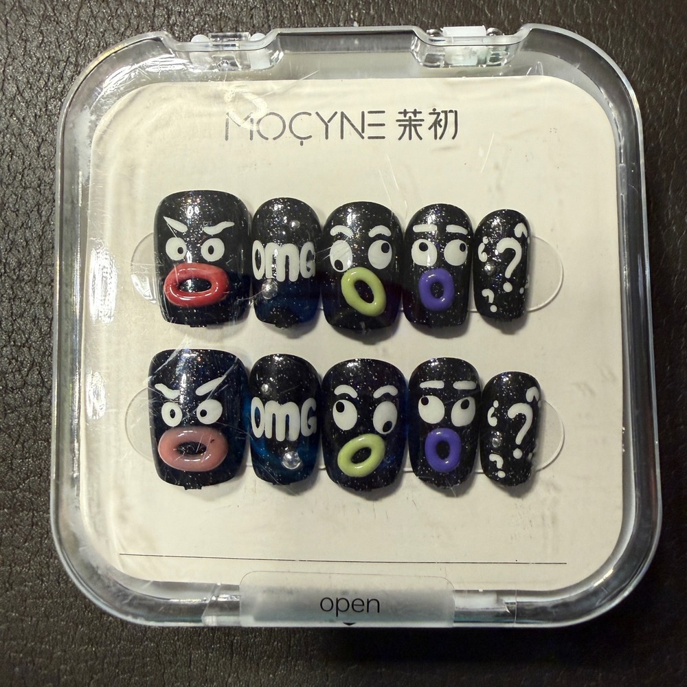 Mocyne 24pc Press On Nails NEW 3D Cartoon Face OMG Black Glitter Kit